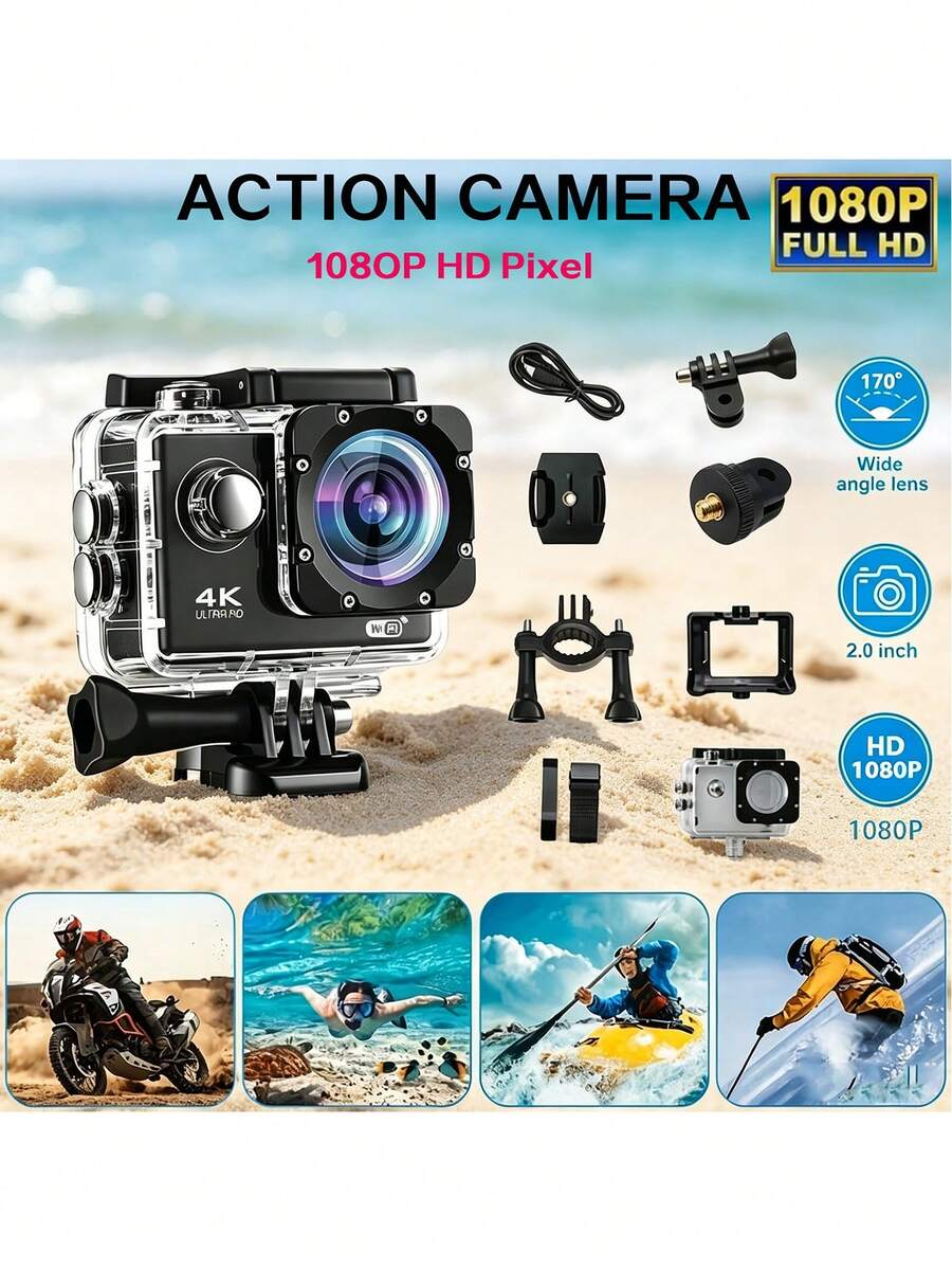 1080P Full HD Action Camera, 120° Wide‑Angle Sports Camera With 2.0" LCD Screen, 30M Waterproof Housing & 1050mAh Battery, Full Mount Accessories Kit For Cycling Skiing Diving Vlogging, TF Card & Charger Not Included