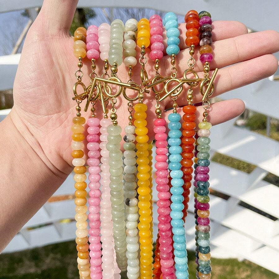 Women's Colorful Beaded Stone Necklace, Local Bohemian Style Beaded Necklace, Natural Stone Summer Beach Jewelry For Women