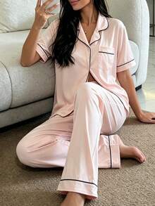 Nina Bonheur 2pcs/Set Women's Loose Comfortable Breathable Long Sleeve Top + Long Pants Cute Pajama Set - Pink - View 3