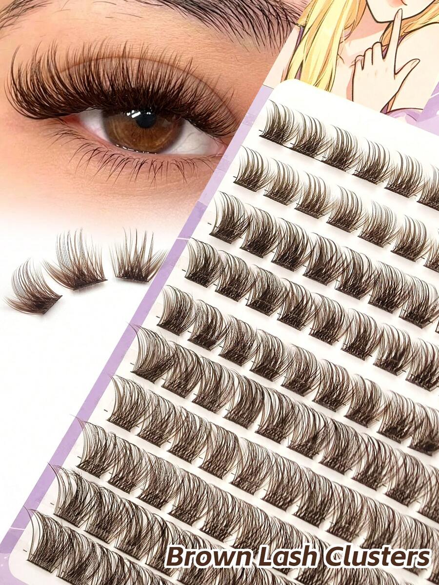 110Pcs Brown Individual Cluster Eyelashes, 10-16mm Mixed Length DIY Lash Extensions, Natural Fluffy D Curl Volume Cluster Lashes Matching Diverse Eye Shapes To Create Layered Natural Eye Makeup. - D - 查看 1
