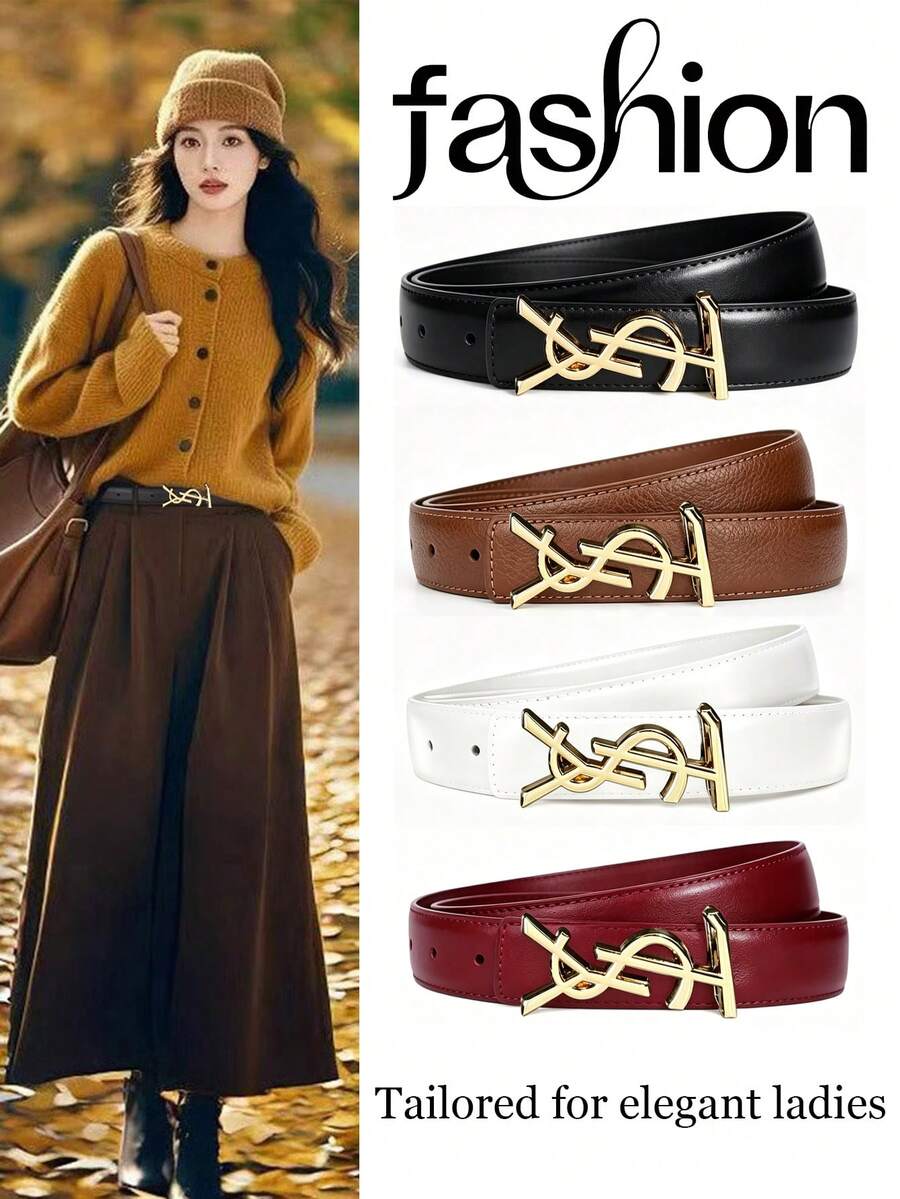 43 Inch Women's PU Faux Leather Decorative Thin Belt With Gold Metal Buckle, Versatile For Suits, Dresses, Wide Leg Pants, Available In Black / Brown / Beige / Burgundy - Multicolor - View 1
