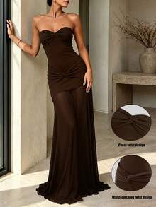 Women's Coffee Color Strapless Fitted Dress, Sleeveless Waist-Cinching Slimming Mesh Patchwork Elegant Evening Party Dress For Spring, Summer And Autumn - Coffee - View 6
