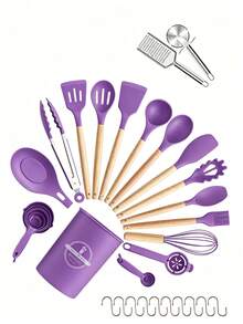 5/12/14/36pcs Kitchen Cooking Utensils Set,Non-Stick Silicone Cooking Kitchen Utensils Spatula Set With Holder, Wooden Handle Silicone Kitchen Gadgets Utensil Set - Multicolor - View 21