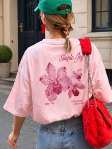 Es Trus Plus 夏季女款「Simple Joy」花卉字母圖案印花街頭 Y2K 風格粉色圓領大版短袖休閒 T-shirt 上衣 - 粉色 - 查看 2