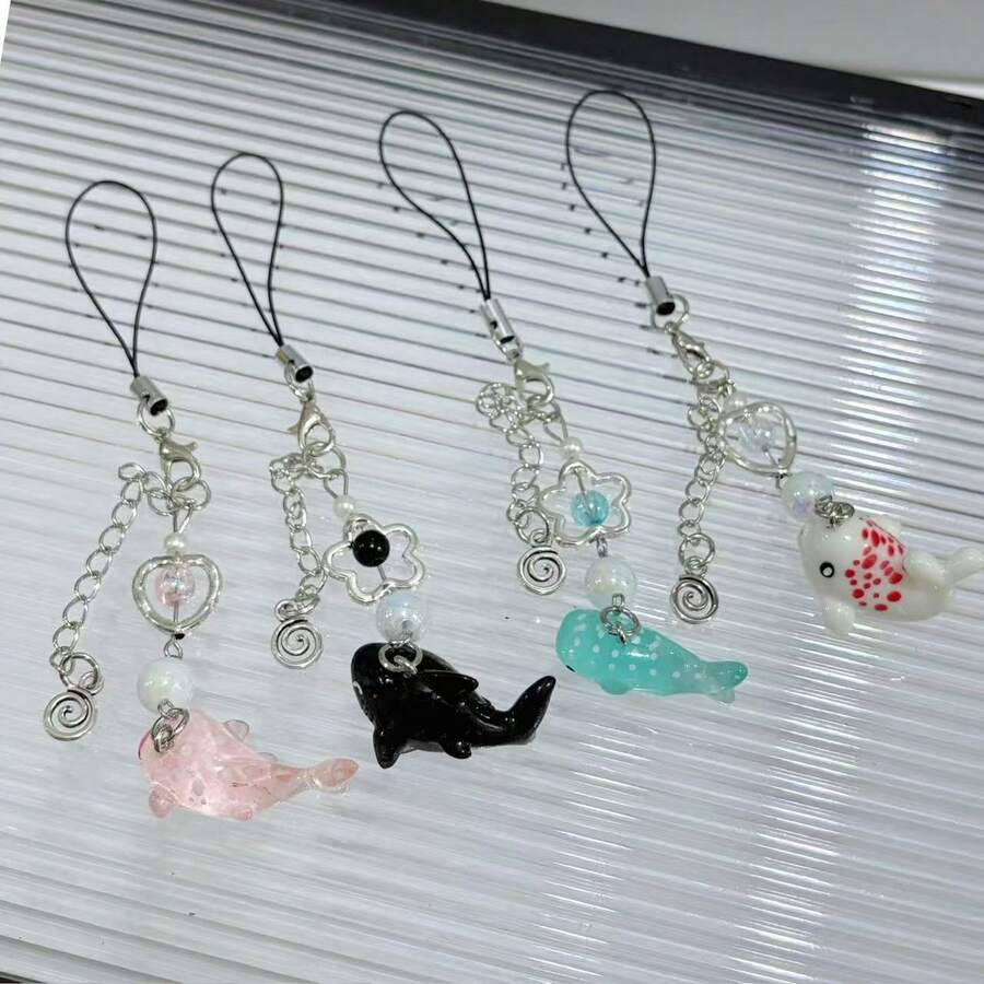 原創可愛仿真海洋生物手機鍊 手工串珠波點鯊魚吊飾 Ins風 - 彩色 - 查看 1