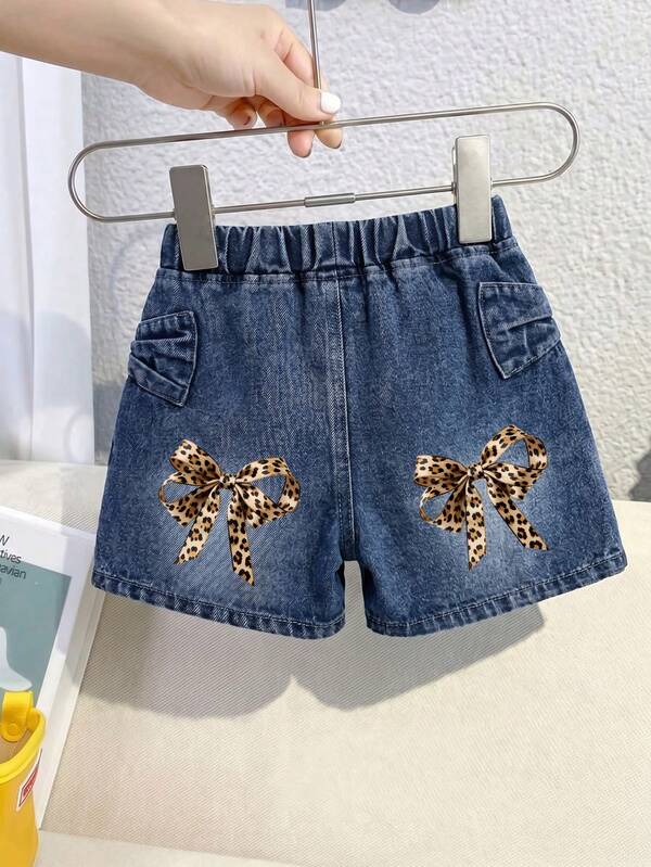Girls' Casual Street Outdoor Retro Y2K Style Double Side Big Bow Design Leopard Print Bow Pattern Elastic Waist Denim Jean Shorts, Spring/Summer, Suitable For Back To School, Social Gatherings