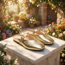 Women's Block Heel Slip-On Sandals, Metal Geometric Rivet Buckle Decor, Crocodile Embossed Glossy Pattern, Block Heel Slide, Rhinestone Studded Chunky Square Heel, Low Heel Outdoor Wear, Luxury Elegant Style, Spring Summer Shopping Date Gold, Metallic Glossy Embossed Leather Material, Chunky Heel Slide - Gold - View 5