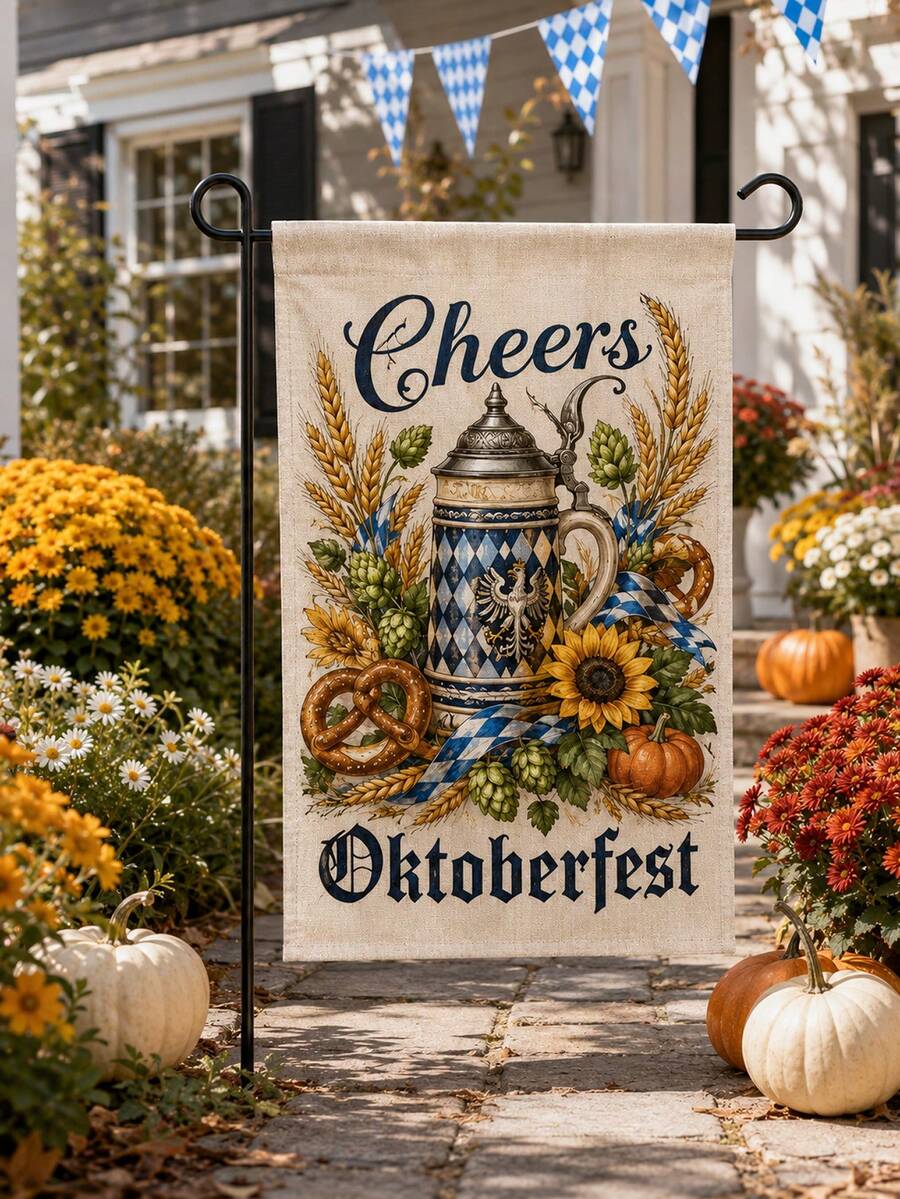 1件裝 Cheers Oktoberfest 亞麻園藝旗,巴伐利亞啤酒杯、蝴蝶酥、啤酒花、小麥、向日葵與南瓜印花戶外庭院旗,適用於門廊、草坪、露台、花園、德國啤酒節、秋季派對與農舍裝飾 - 多色2 - 查看 1