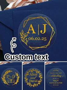 LICVIC 30-240 piezas Pegatinas personalizadas para bodas, lámina dorada transparente, etiquetas de boda personalizadas, etiquetas de recuerdos de fiesta con texto personalizado, estampado dorado, pegatinas autoadhesivas personalizables para fiestas de boda, etiquetas para bolsas de fiesta, 4x4cm, 4 estilos. - Estilo A - Ver 2