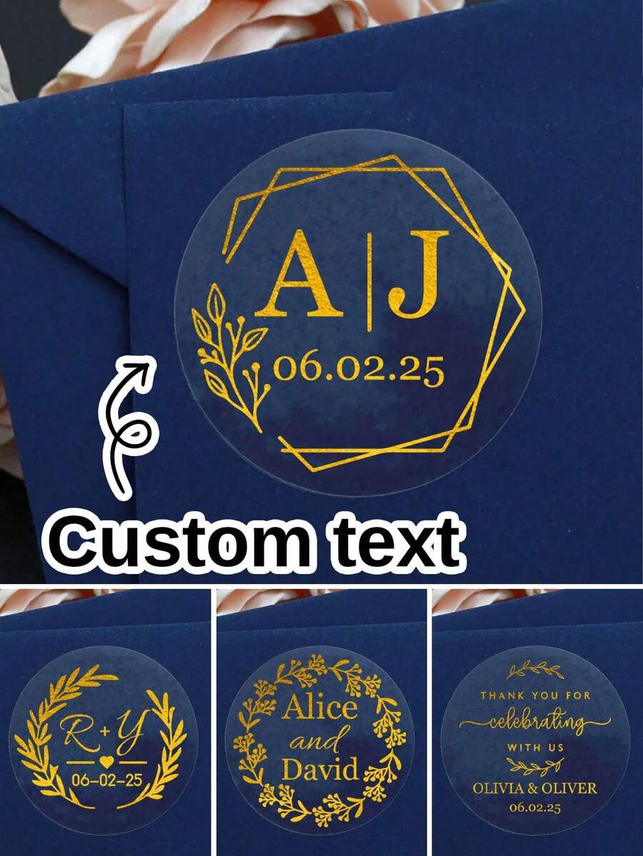 LICVIC 30-240 piezas Pegatinas personalizadas para bodas, lámina dorada transparente, etiquetas de boda personalizadas, etiquetas de recuerdos de fiesta con texto personalizado, estampado dorado, pegatinas autoadhesivas personalizables para fiestas de boda, etiquetas para bolsas de fiesta, 4x4cm, 4 estilos.