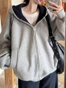 Sweatshirt Lengan Panjang Longgar dengan Resleting untuk Wanita, Jaket Sweatshirt Berkerudung dengan Desain Colorblock Kasual dan Serbaguna - Grey - View 2