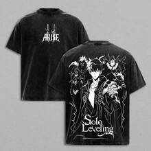 1 Camiseta Vintage Lavada "ARISE" de Sung Jin-Woo de Solo Leveling, Camiseta Oversize de Anime Manhwa, Manga Corta Unisex para Fans, Regalo Perfecto - Negro - Ver 1