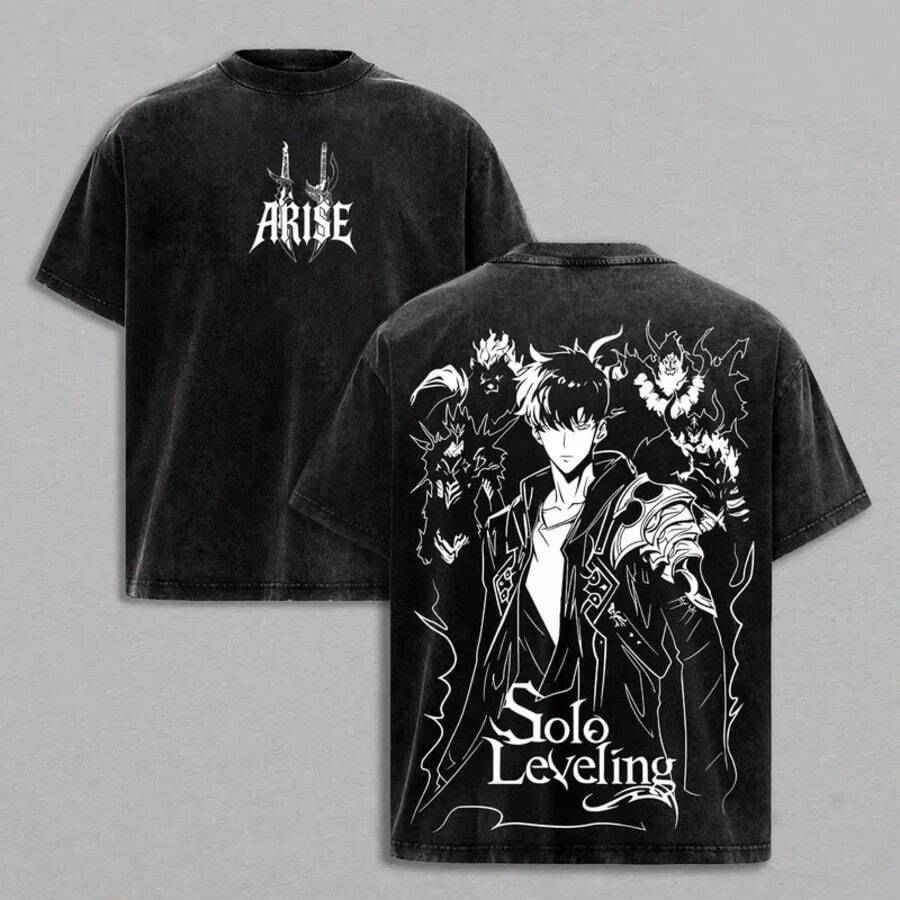 1 Camiseta Vintage Lavada "ARISE" de Sung Jin-Woo de Solo Leveling, Camiseta Oversize de Anime Manhwa, Manga Corta Unisex para Fans, Regalo Perfecto - Negro - Ver 1