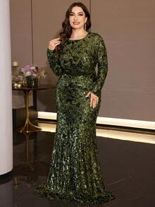XUIBOL Plus-Size Sequined Long-Sleeved Round Neck Mermaid Gown, Elegant And Luxurious Evening Dress, Suitable For Formal Parties, Cocktail Parties - Olive Green - View 2