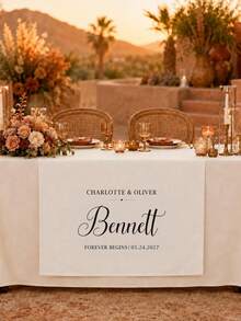 Personalized Wedding Table Runner, Customized White Polyester Linen Fabric Bride And Groom Table Runner (Includes Surname And Date), Elegant Wedding Reception Decor Sign - Multicolor - View 1