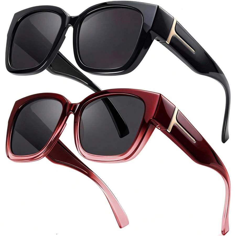 Gafas de sol vintage con protección UV para mujer, set de protección solar para uso diario, playa y vacaciones al aire libre, accesorio de verano elegante, cómodo y hermoso - A01 (Paquete de 2) Negro + morado degradado - Ver 1