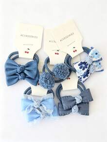 10pcs Children Elastic Bow Fabric Hair Ties, Floral & Ball Design, Suitable For Daily Use - Khaki - View 15