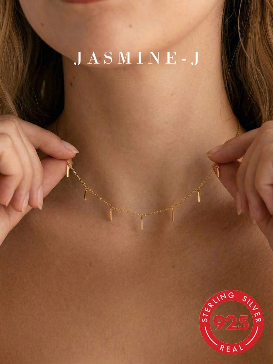 1pc S925 Sterling Silver Multi-Pendant Necklace, Includes One Polished Rectangular Pendant, One Mini Square Pendant Chain And One Gold Collarbone Chain. Minimalist, Delicate, Elegant, Suitable For Daily Wear Or Party Occasions. - Multicolor - View 1