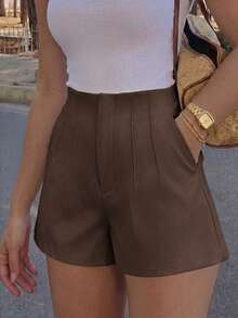 Women's Pleated Apricot Woven Shorts, Fashion Straight Leg Non-Stretch With Pockets Summer Bottoms, Summer Shorts, Office Versatile Shorts - Coffee Brown - View 7
