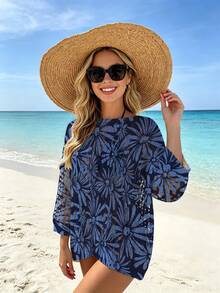 ASHKATIA Blue Floral Print, Bohemian Vintage Style, Summer Beach Vacation, Plus Size Women Kaftan, Boat Neck 3/4 Sleeve - Multicolor - View 12