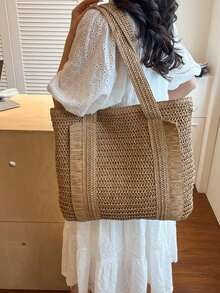 夏季草編海灘包 大容量手提包 度假風簡約百搭女款包 - 卡其色 - View 3
