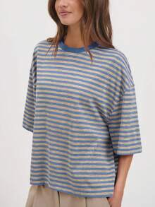 New Fashionable Elegant Striped Round Neck Drop Shoulder Half Sleeve T-Shirt, Suitable For Holidays, School, Vacation And Daily Wear Casual Summer - Blue - View 6