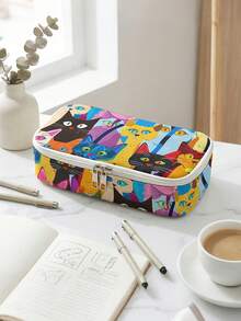 1pc, Cat Pattern Printed Large Capacity Pencil Case For Teenagers, Compartment Pencil Bag, School Storage Bag, Storage Box, Back , First Day Of School - Multicolor - View 14