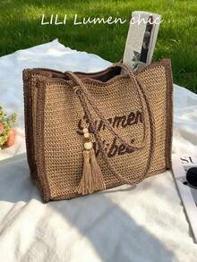 Straw Woven Large Capacity Tote Bag With Front Embroidery Decoration, Wooden Bead Tassel Charm, Thick Braided Handle, Sturdy And Durable, Loose Body Can Store Beach Supplies, Books, Shopping Items. Suitable For Students, Teachers, Moms For Beach Vacation, Picnic, Daily Casual Wear. - View 1
