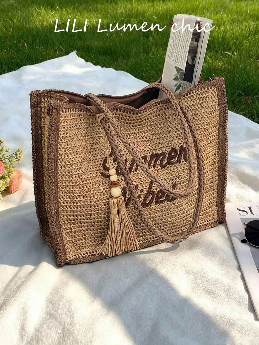 Straw Woven Large Capacity Tote Bag With Front Embroidery Decoration, Wooden Bead Tassel Charm, Thick Braided Handle, Sturdy And Durable, Loose Body Can Store Beach Supplies, Books, Shopping Items. Suitable For Students, Teachers, Moms For Beach Vacation, Picnic, Daily Casual Wear. - View 1