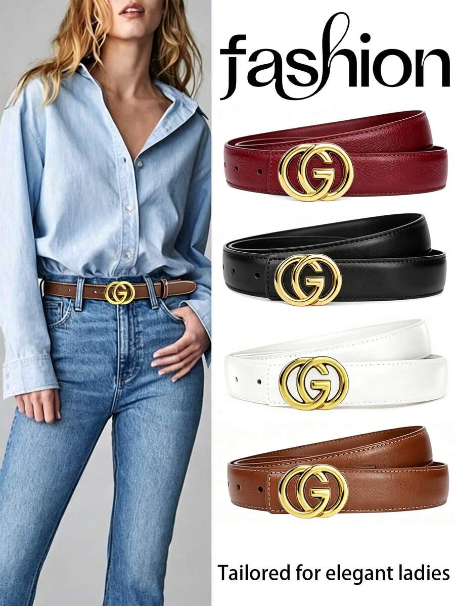 43 Inch Women's PU Faux Leather Decorative Thin Waist Belt With Gold Metal Buckle, Versatile For Commuting, Suits, Dresses, Wide Leg Pants, Available In Black / Brown / Burgundy / Beige - Multicolor - View 1