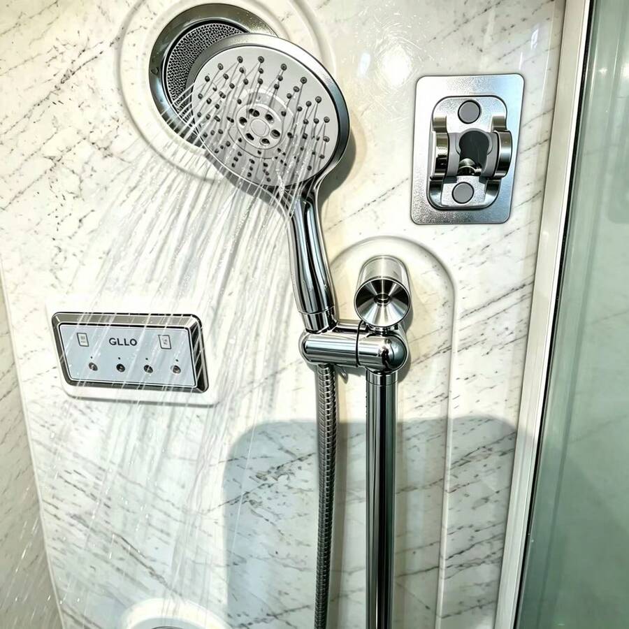 4.72 Inch Large Panel High-Pressure Hand-Held Shower Head Kit Five Spray Modes Water-Saving Spray, 59.06 Inch Explosion-Proof Stainless Steel Hose And Non Punching Self-Adhesive Shower Rack Kit, Shower Accessories Replacement In Bathroom - Racket-shaped Shower Head - View 1