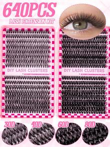 大容量 640片 D捲度簇狀睫毛書本套組，混色 30D/40D/50D/60D 9-16mm，完整 DIY 套裝附膠水、鑷子與刷子，蓬鬆柔軟單根睫毛，適合初學者日常、戲劇化、Cosplay、漫畫風眼妝 - 黑色 - 查看 4