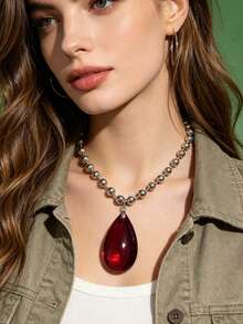 1pc Silver-Tone Premium Large Raindrop Pendant Necklace For Women, Suitable For Daily Wear, Casual Vacation Jewelry - Large Water Droplet - View 3