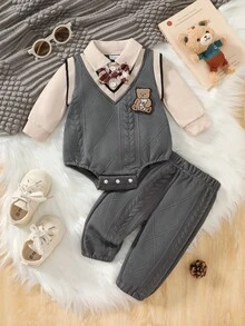 2件組 嬰兒男童翻領印花 3D 蝴蝶結熊刺繡連身衣 + 褲子套裝 - 灰色 - View 1
