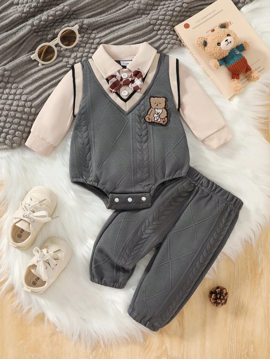 2件組 嬰兒男童翻領印花 3D 蝴蝶結熊刺繡連身衣 + 褲子套裝 - 灰色 - View 1