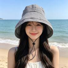 Spring Fashion Black & White Plaid Women's Bucket Hat, Lightweight Foldable Portable Sun Hat With Neck Strap, Suitable For Spring/Summer Outdoor Activities, Travel, Sports Events - Plaid Hat - View 9