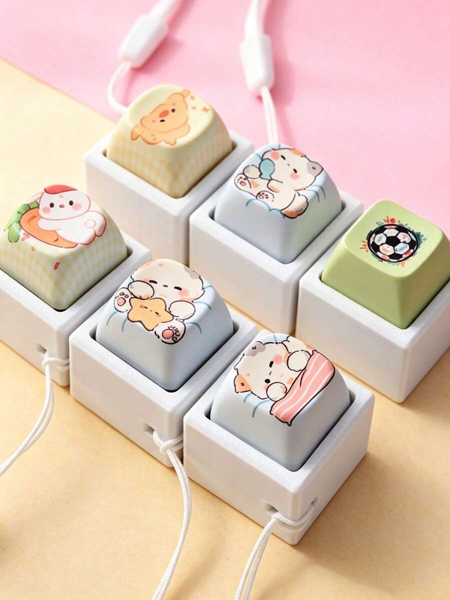 1個可愛卡通動物單鍵帽,迷你緊湊鍵帽鑰匙圈,可愛貓咪與鴨子印花吊飾,適合學生的好禮 - 彩色 - 查看 1