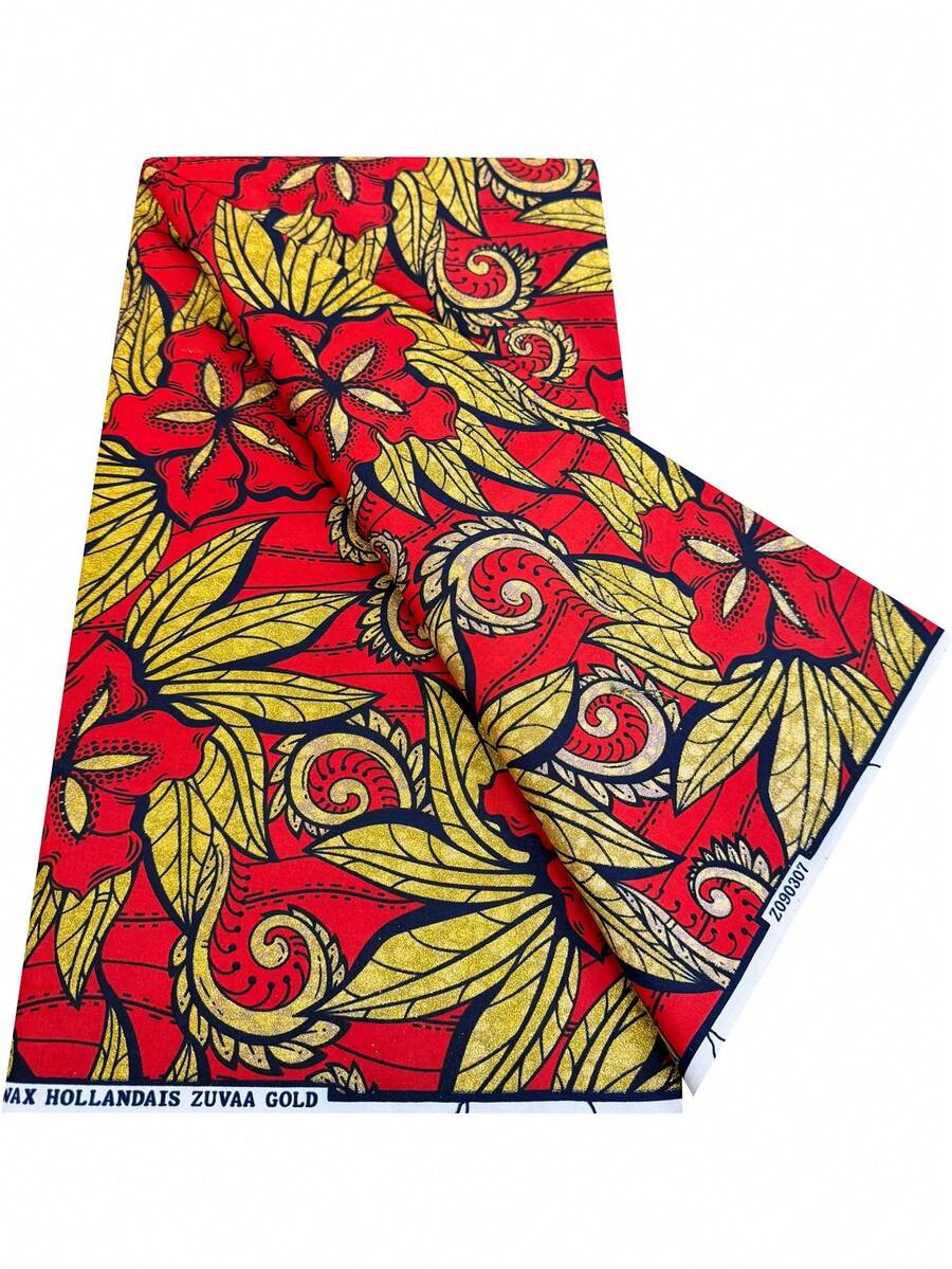 1/3/6 Yards Gold Glitter Wax Print Fabric - Red & Gold Tropical Floral With Black Outline | Clear Wax Print Texture | Suitable For Festival Outfits, Long Dresses, Headscarves And Tablecloths - Multicolor - View 1