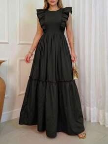 Vestido casual corto de mujer de unicolor elegante para vacaciones, con mangas cortas, fruncido y parches, primavera/verano, negro - Negro - Ver 4