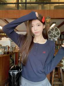 Autumn/Winter Lace Patchwork Round Neck Button 2 In 1 Long Sleeve T-Shirt Base Layer Top - Navy Blue - View 5