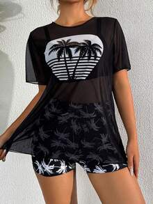 Conjunto de tankini de verano para mujer con parte superior e inferior, estampado de palmeras, informal, y cubre con parte super - blancoynegro - Ver 10