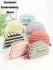 (Custom Embroidery) 1PC New Striped Shell Toiletry Bag, Fresh Macaron Color, With Zipper And Personalized Custom Makeup Bag, Portable Toiletry Storage Bag For Travel, Random Color Pom Pom Design, Cute Gift For Family, Friends, Birthday, Holiday Essential - Multicolor - View 2