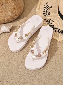 OXLL Sandal Platform Wedges Wanita Gaya Bohemian dengan Hiasan Bintang Laut Logam dan Rhinestone, Sol Lembut, Sandal Jepit Pantai Luar Ruangan - Putih - View 6