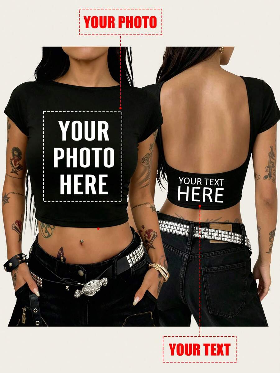 雙面印花露背女款短版T恤,Y2K DIY照片T恤,可添加文字與照片:情侶、家庭、生日禮物,黑色夏季款 - 黑色 - 查看 1