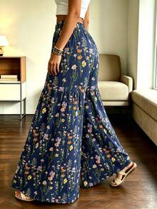 Women's Elegant Lightweight Printed Wide-Leg Pants, Comfortable Loose Fit, Suitable For All Seasons Vacation - Dark Blue - View 3
