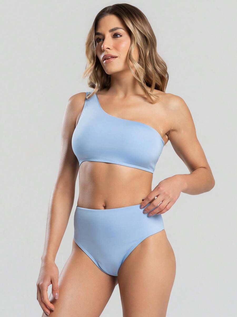 Vicbela Biquíni Feminino Um Ombro Só Hot Pant Cintura Alta Liso Moda Praia Gringa - Azul bebê - Visão 1