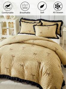 2/3 Piece French Bow Duvet Cover Set (1 Duvet Cover + 1/2 Pillowcases), Leopard Print, Black Ruffle Trim, Soft And Comfortable, Country Style Bedding, Suitable For All Seasons, Perfect As Holiday Or Birthday Gift, No Filling Included - Camel - View 2