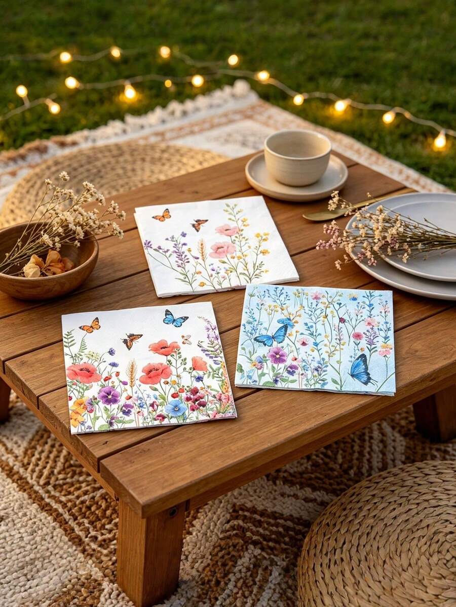 20 lembar Serbet Kertas Motif Kupu-kupu & Bunga Musim Semi Warna Campuran, Cocok untuk Makan, Memanggang, Pesta Liburan, dan Dekorasi Pernikahan, Serbet Dua Lapis Sekali Pakai dengan Motif Bunga Kecil, Serbet Pesta, Dekorasi Meja Perjamuan di Rumah - Serbet bercetak - View 1