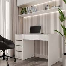 Single Unit Minimalist White Work Desk Featuring 4 Side Storage Drawers & Wide Keyboard Drawer, 120cm Large Surface Space Saving Computer Station, Ideal For Student Study, Bedroom Makeup Vanity, Home Office Writing Table, Household Workbench - Desk - View 5
