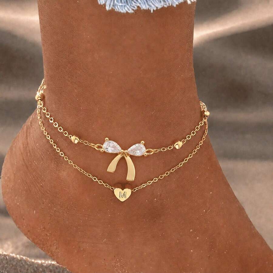 2pcs/Set Gelang Kaki Wanita Model Baru Bentuk Hati, Huruf, dan Pita, Rantai Manik-Manik Stainless Steel Emas, Gelang Kaki Berlapis - Yellow Gold - View 1